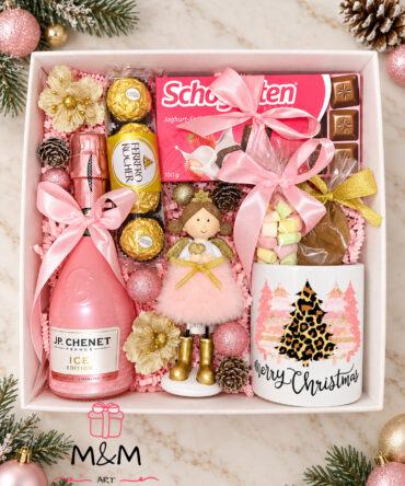 Коледна подаръчна кутия Pink Christmas Delight с J.P. Chenet, чаша, шоколад и Ferrero Rocher